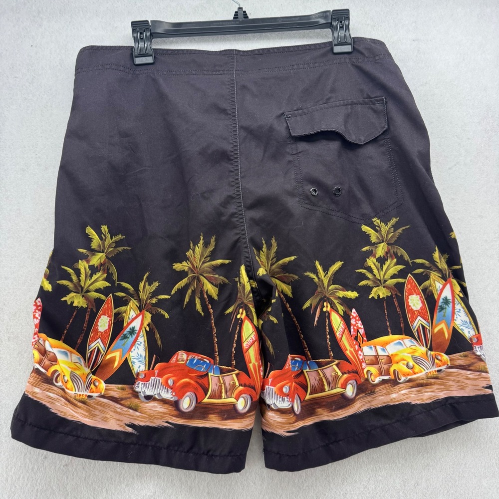 High Surf Mens 38 Black Surfboard Car‎ Palm Tree Swim Trunks Shorts